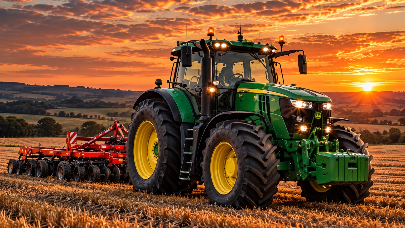 Agricultural tractor working in a field at sunset