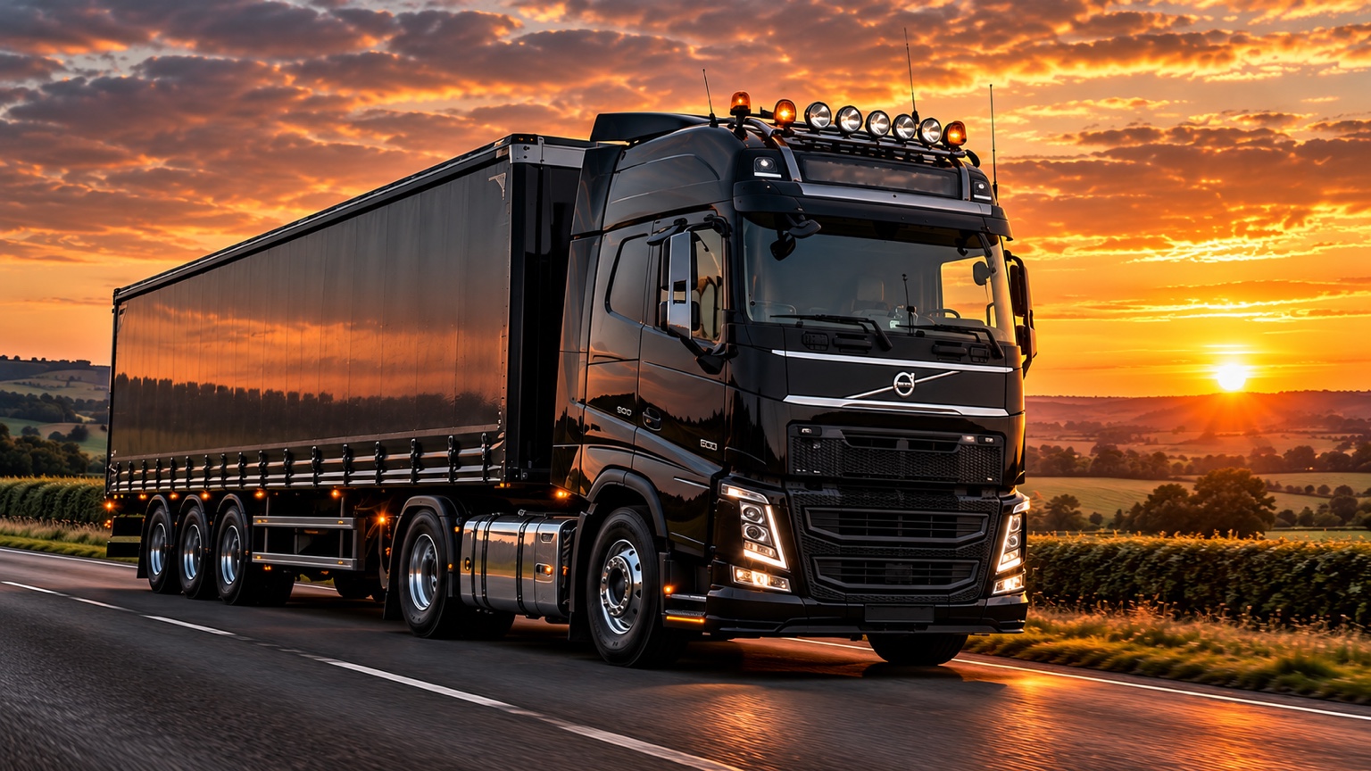 Black Class 1 articulated haulage truck at sunset